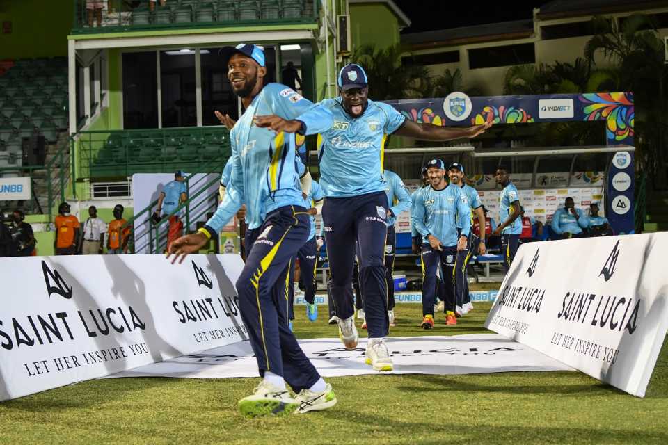 Pre-match shenanigans in the St Lucia Kings camp while taking the field, Jamaica Tallawahs vs St Lucia Kings, CPL 2021, Basseterre, September 9, 2021