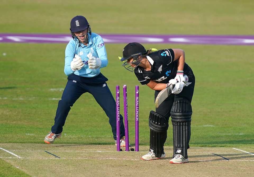 Suzie Bates is bowled out by Katherine Brunt