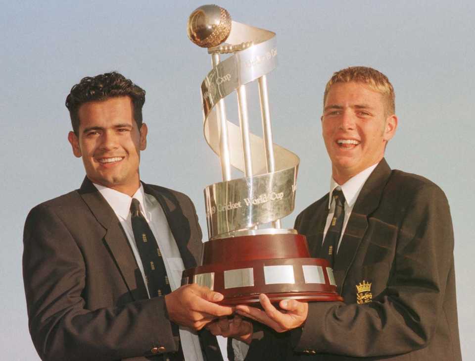 England captain Owais Shah and vice captain Paul Franks arrive in London with the Under-19 World Cup trophy, London, February 3, 1998