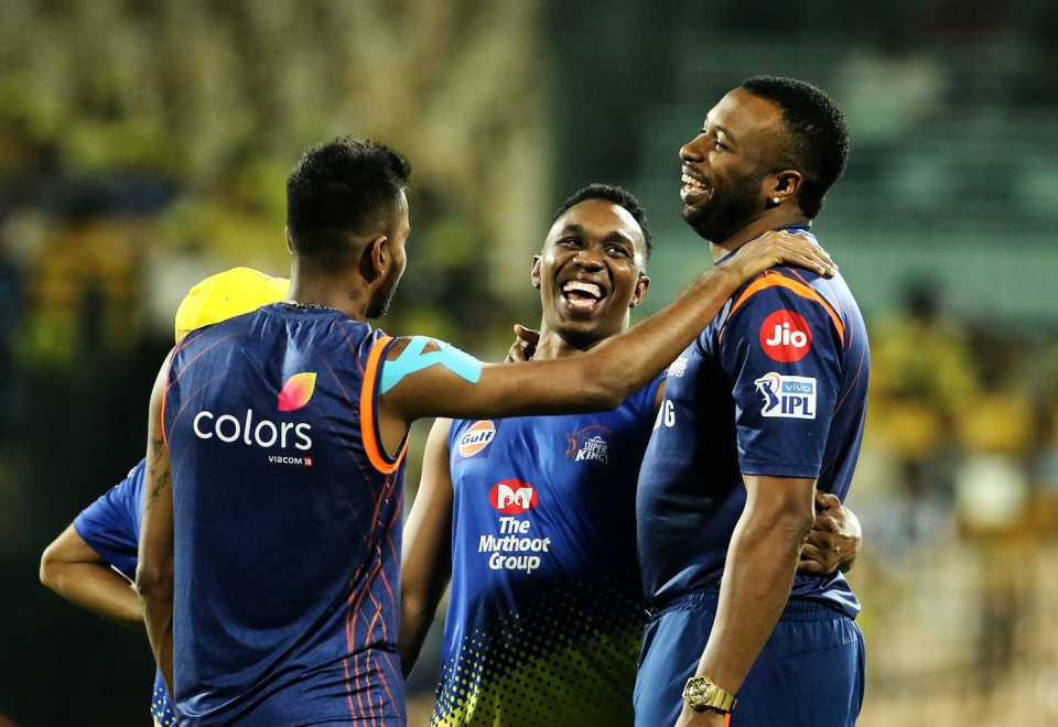 Hardik Pandya shares a laugh with Dwayne Bravo and Kieron Pollard, Chennai Super Kings v Mumbai Indians, IPL 2019, Chennai, April 26, 2019