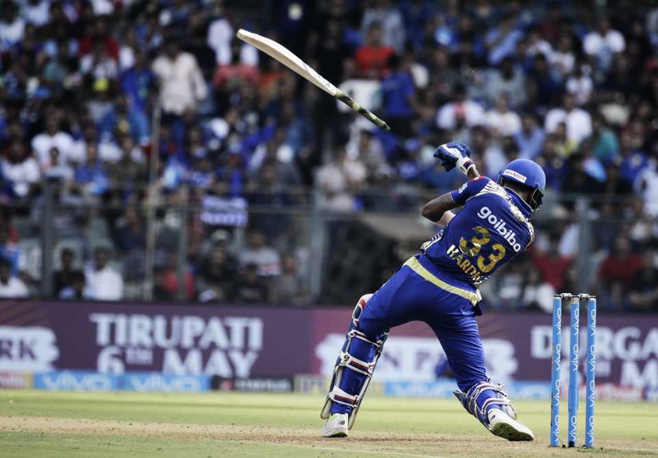 The bat slips out of Hardik Pandya's hands, Mumbai Indians v Kolkata Knight Riders, IPL 2018, Mumbai, May 6, 2018