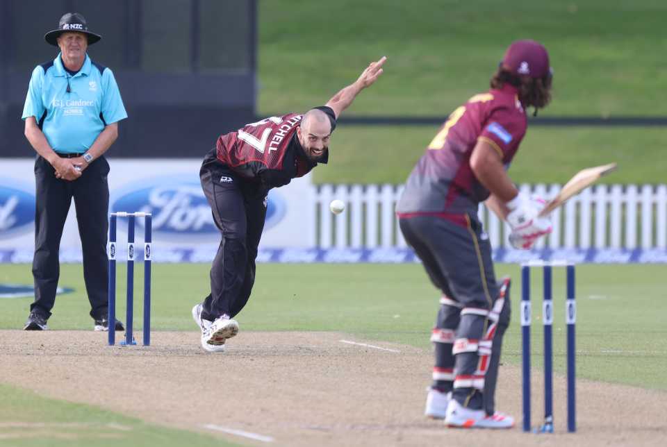 Daryl Mitchell bowls in the final of the Ford Trophy, Canterbury vs Northern Districts, at Hagley Oval, Christchurch, New Zealand, March 06, 2021 