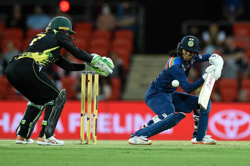 Jemimah Rodrigues angles the ball away, Australia vs India, 1st women's T20I, Carrara, October 7, 2021