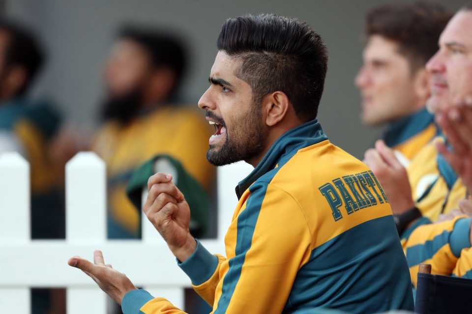 Babar Azam cheers his team on from the sidelines, New Zealand vs Pakistan, 1st T20I, Auckland, December 18 2020
