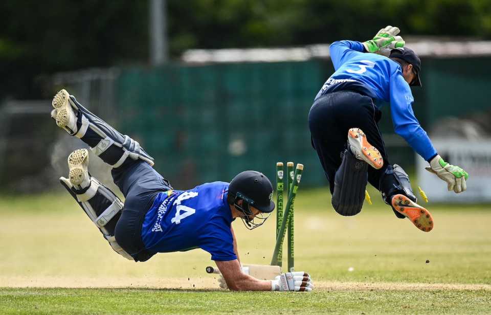 Craig Young dives to make his ground while wicketkeeper Lorcan Tucker takes evasive action, Leinster Lightning vs North-West Warriors, Cricket Ireland Inter-Provincial Twenty20 Trophy, Dublin, June 20, 2021
