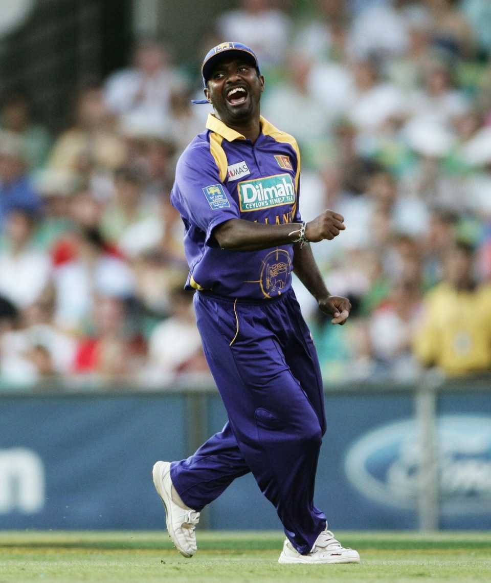 Muthiah Muralidaran is delighted after catching Ricky Ponting
