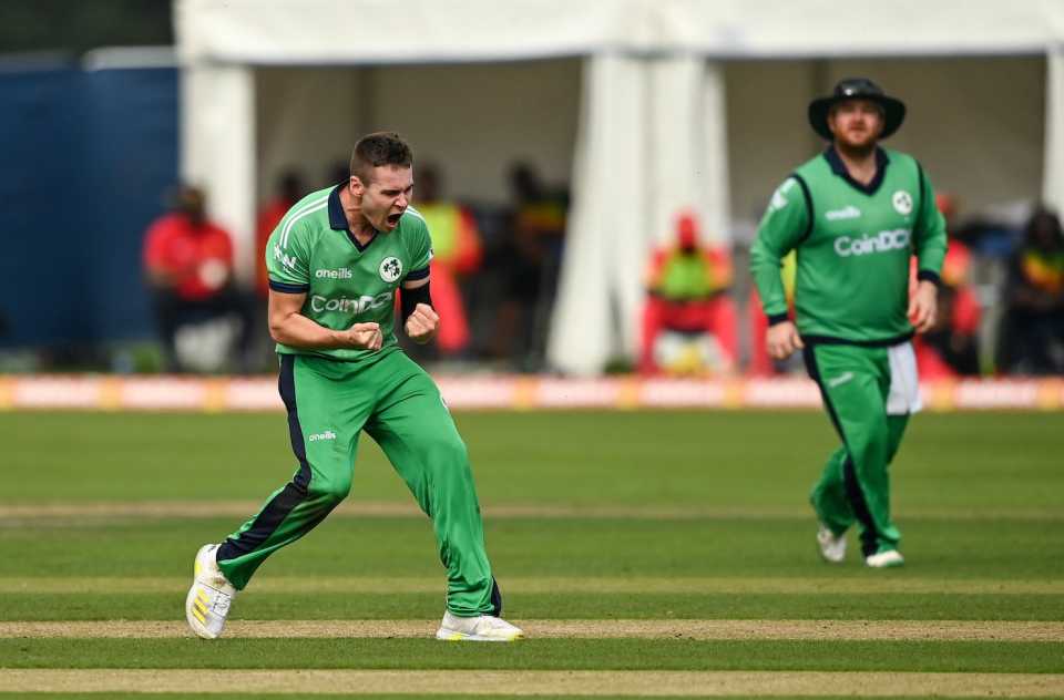 Josh Little celebrates after dismissing Sean Williams, Ireland vs Zimbabwe, 1st ODI, Belfast, September 8, 2021
