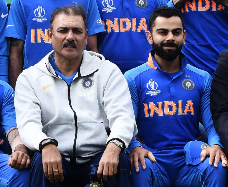 Ravi Shastri and Virat Kohli during a squad photo, India v Sri Lanka, World Cup 2019, Leeds, July 6, 2019