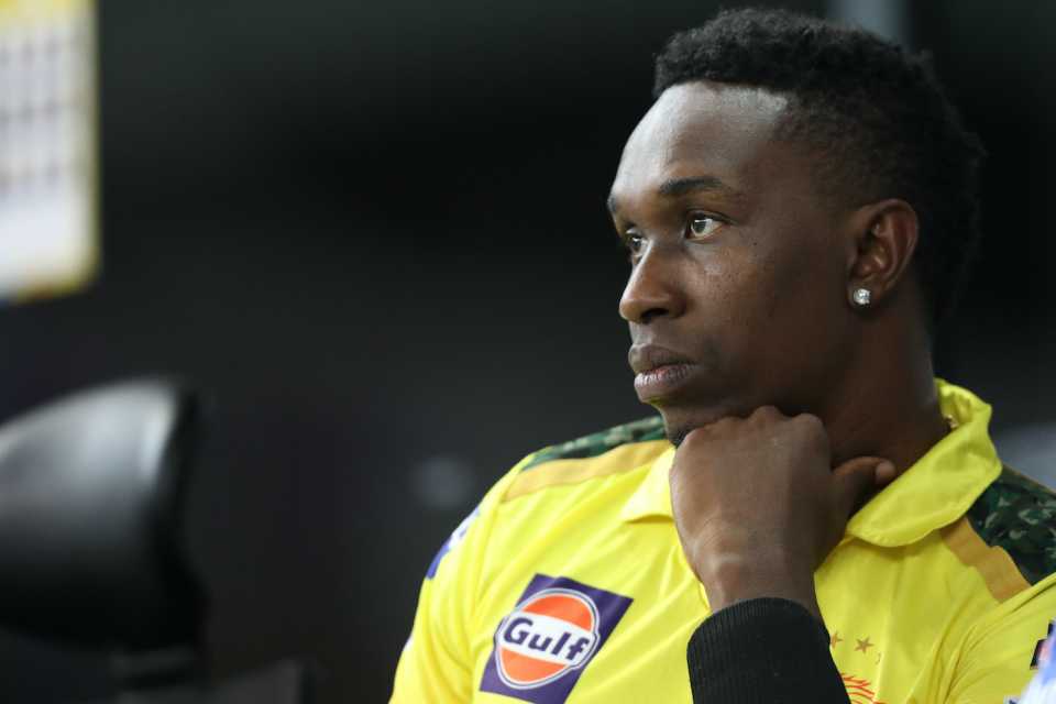 Dwayne Bravo has a think in the dugout