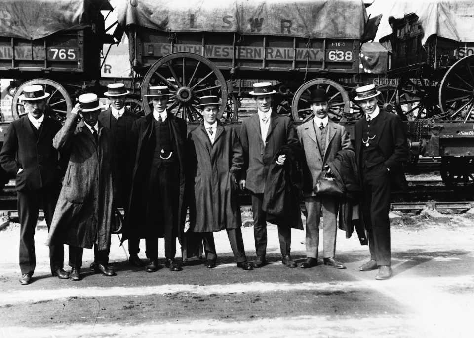Australian at a train station after their arrival in England, Australia tour of England, April 27, 1912