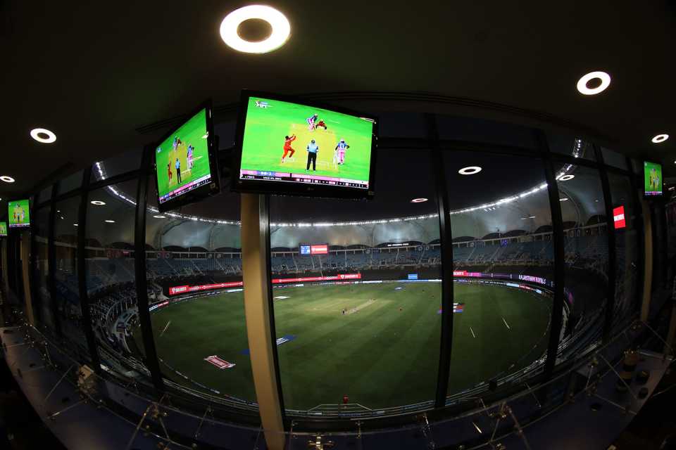 A view of the match on the field and the television, Punjab Kings vs Rajasthan Royals, IPL 2021, Dubai, September 21, 2021

