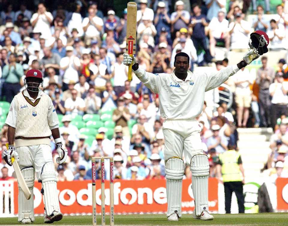 Chris Gayle raises his bat to celebrate his hundred, England v West Indies, 4th Test, 3rd day, The Oval, August 21, 2004