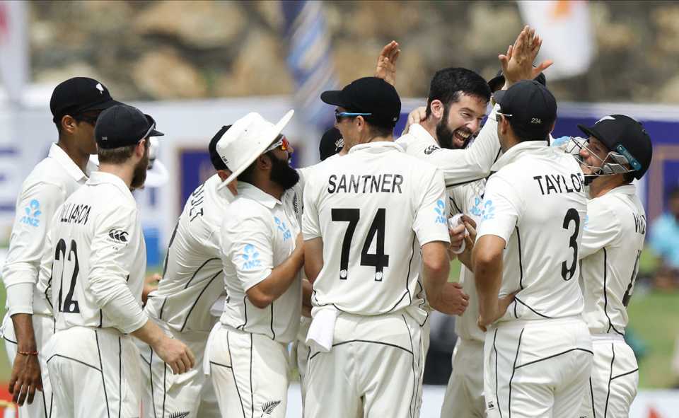 Kane Williamson, Ajaz Patel, Mitchell Santner, Will Somerville, Ross Taylor and BJ Watling celebrate a wicket
