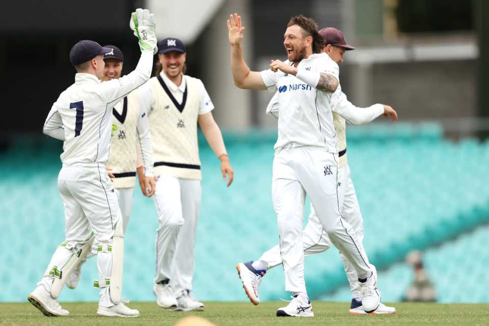 James Pattinson celebrates one of his five wickets, New South Wales vs Victoria, Sheffield Shield, SCG, Day 4, November 23, 2021