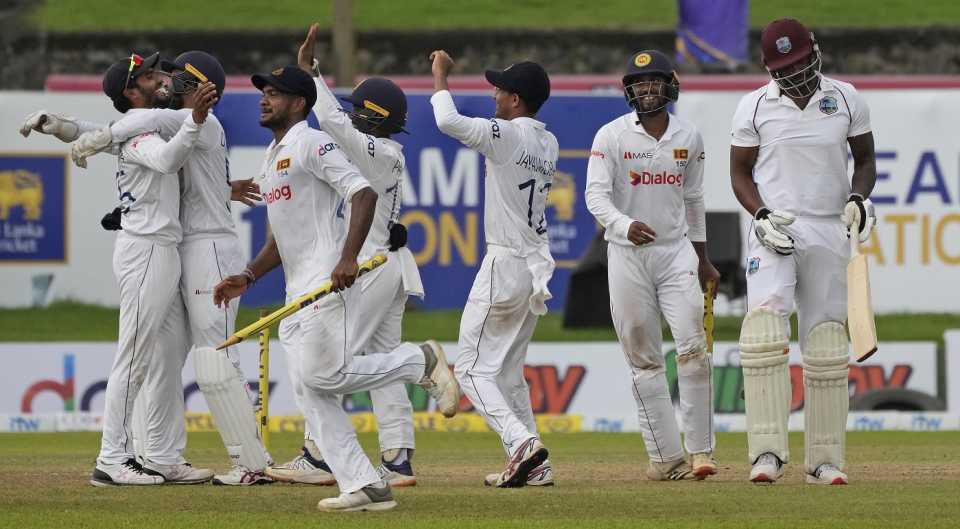 Sri Lanka players celebrate after getting the last West Indies wicket