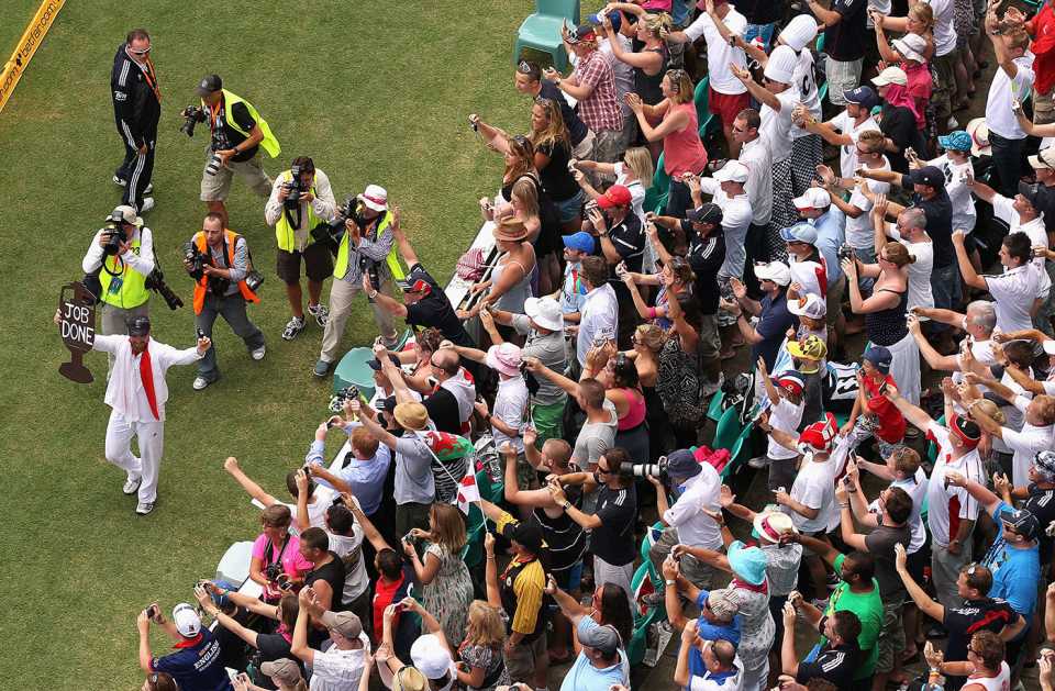 Matt Prior celebrates with England's fans in Sydney