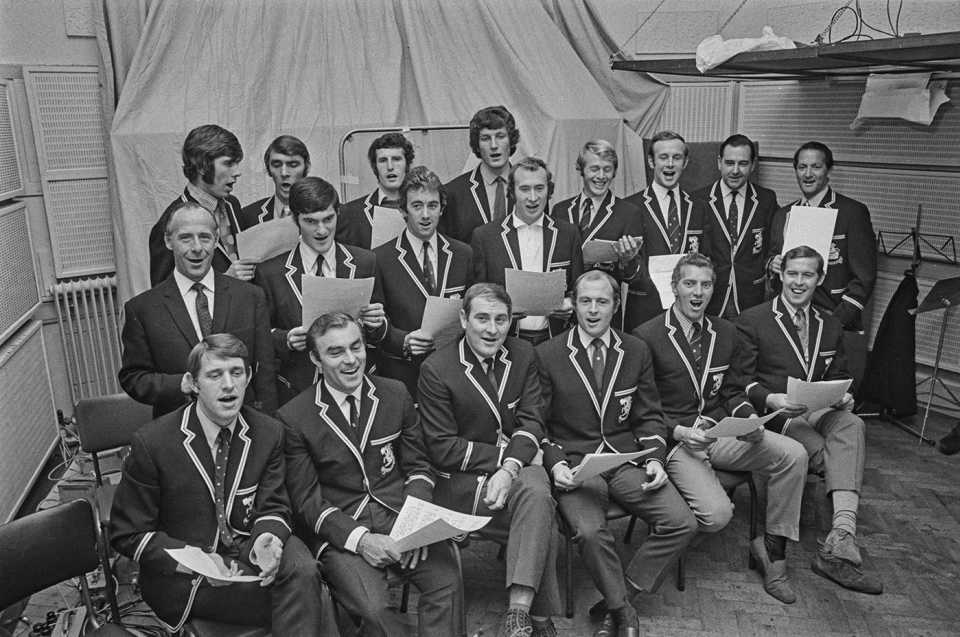 England's 1970-71 Ashes winners at a London recording studio after their series victory