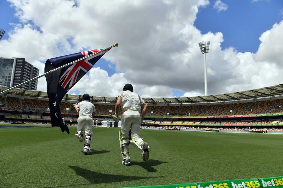 Cameron Bancroft and David Warner walk out to bat, Australia v England, The Ashes 2017-18, 1st Test, 5th day, Brisbane, November 27, 2017
