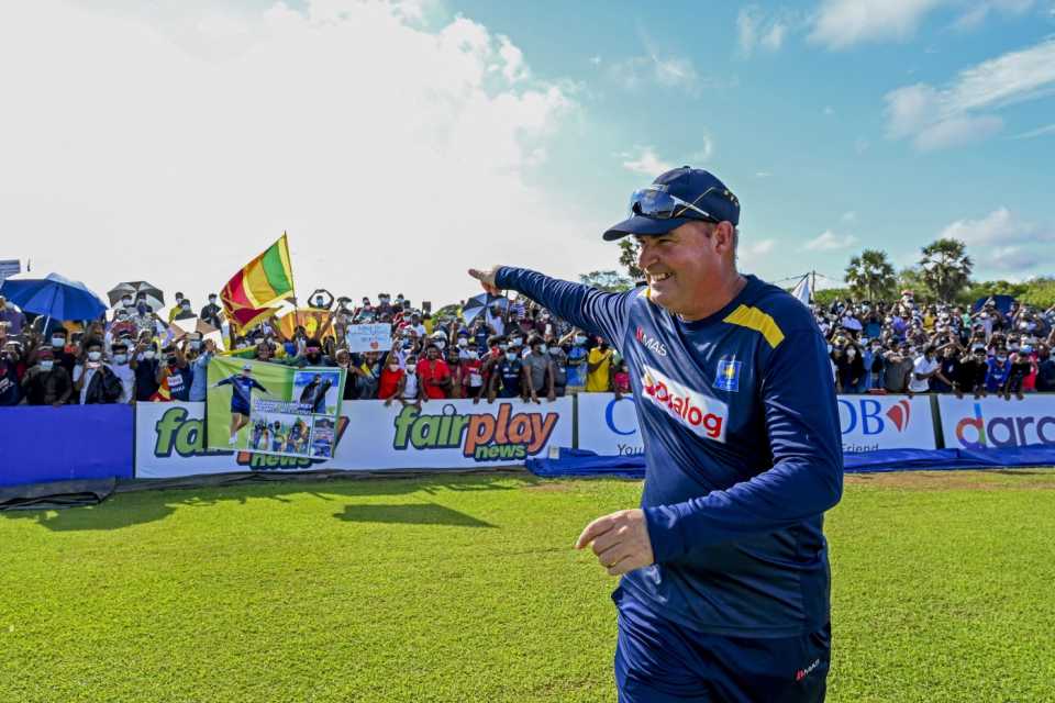 Outgoing Sri Lanka coach Mickey Arthur acknowledges the cheers of fans in Galle