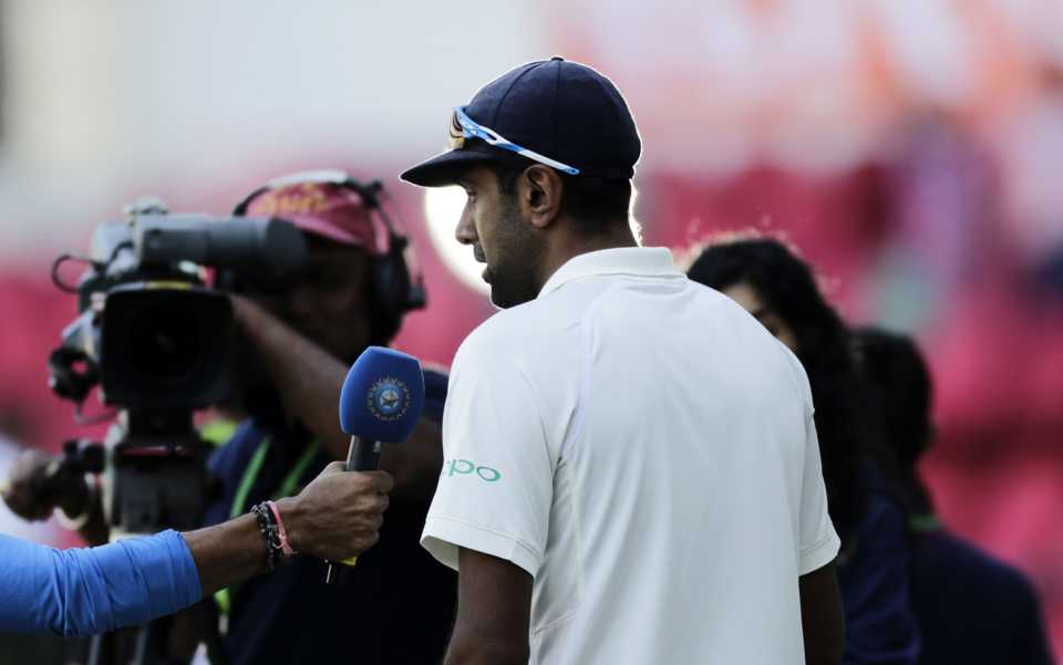 R Ashwin speaks to the broadcaster at the post-match presentation