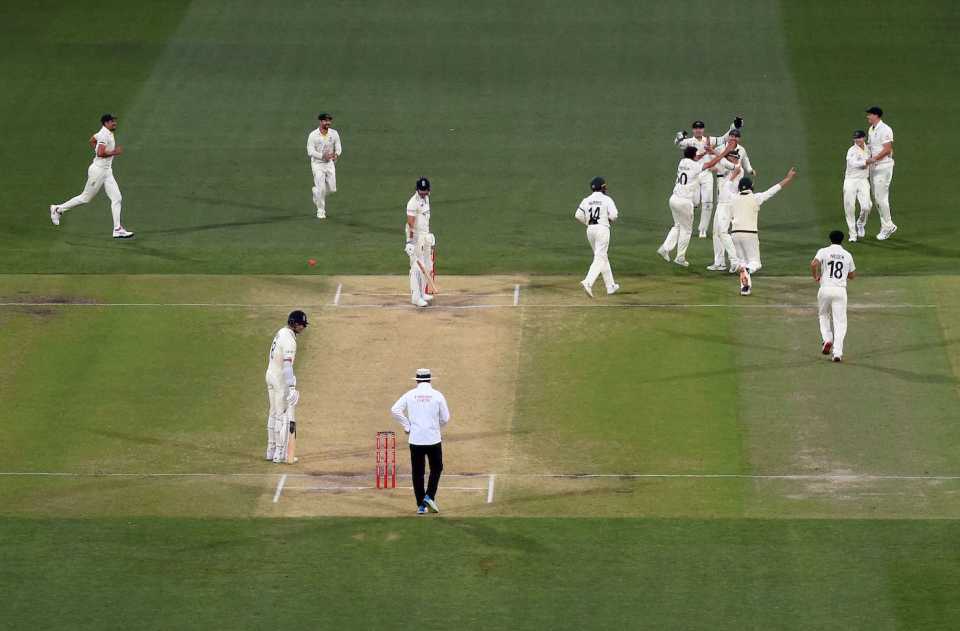 Australia celebrate as James Anderson's wicket falls