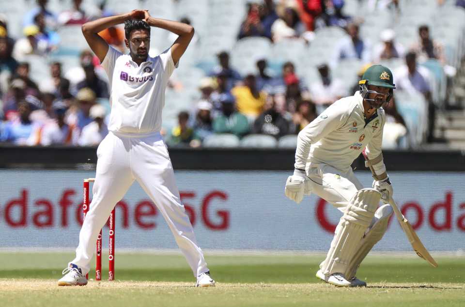 R Ashwin looks on as Nathan Lyon looks to take a run, Australia v India, 2nd Test, Melbourne, 4th day, December 29, 2020

