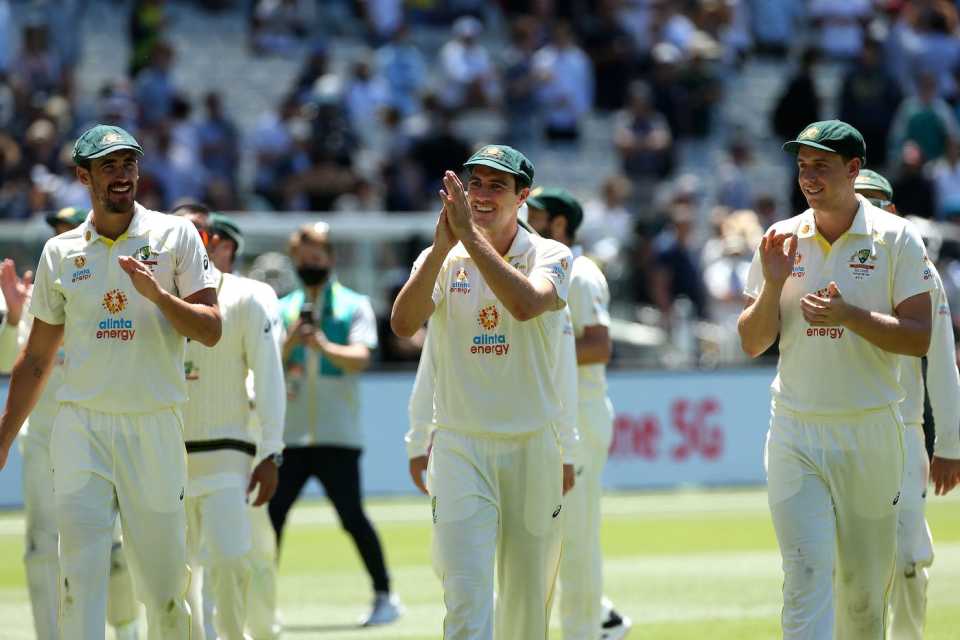 Pat Cummins leads his team off after Australia's MCG win, Australia vs England, 3rd Test, Melbourne, 3rd day, December 28, 2021