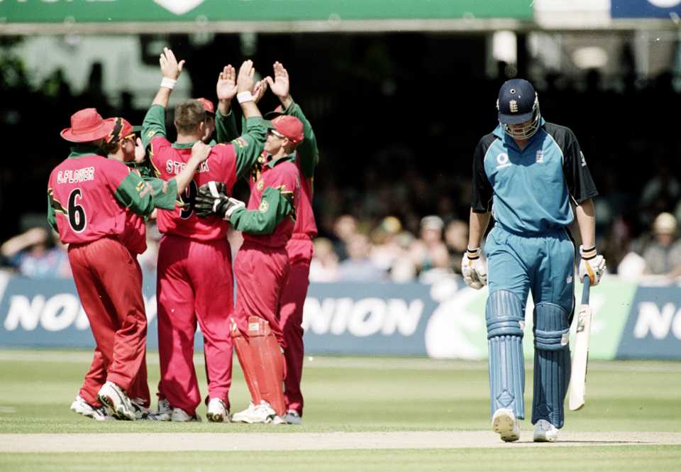 Heath Streak celebrates Andrew Flintoff's dismissal for a duck with his team-mates