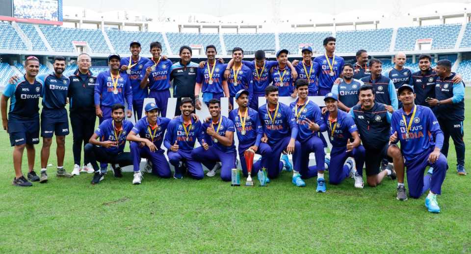 The Indian contingent celebrates with trophy after winning the Under-19 Asia Cup, Dubai, December 31, 2021