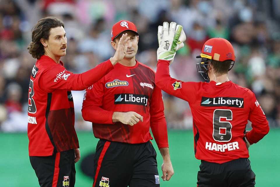 Nic Maddinson celebrates a wicket with his team-mates