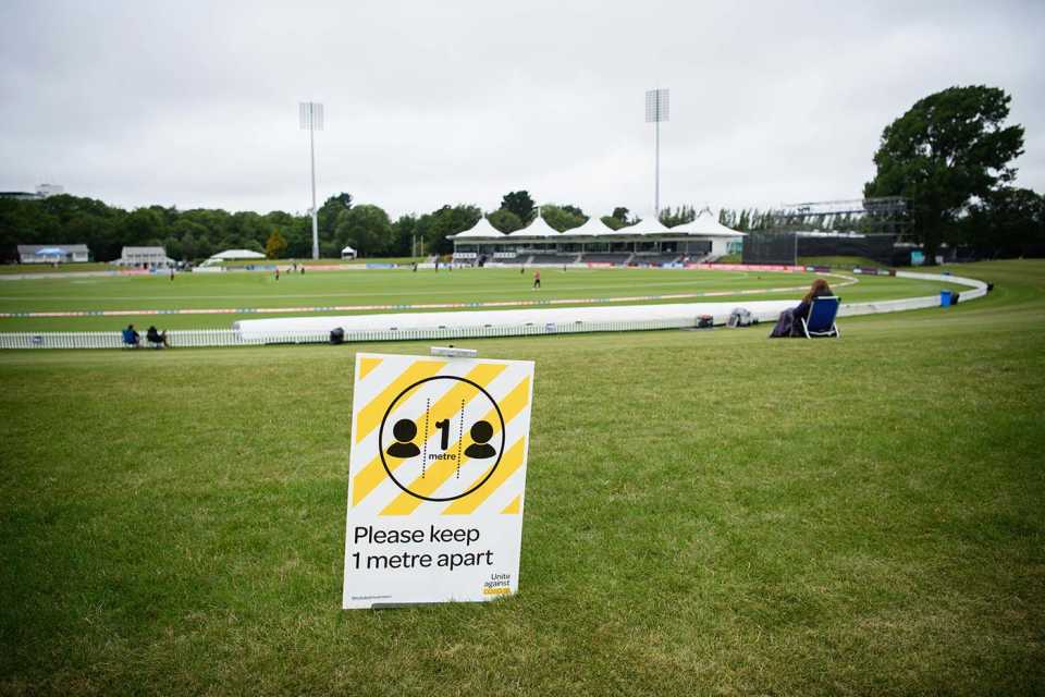 A sign that says "Please keep 1 metre apart" as part of social-distancing norms during the Covid pandemic, Canterbury vs Central Districts, Super Smash T20, Christchurch, December 10, 2021