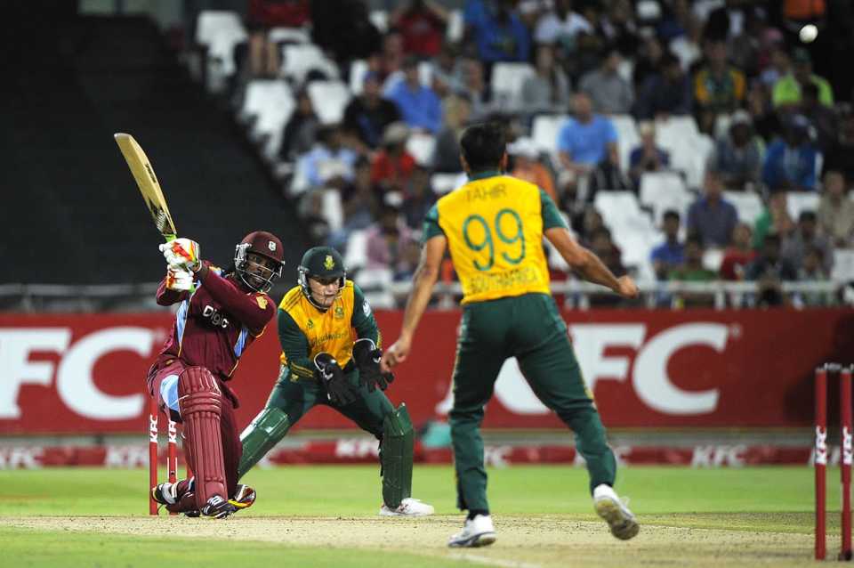 Chris Gayle hits Imran Tahir for a six, South Africa v West Indies, 1st T20, Cape Town, January 9, 2015