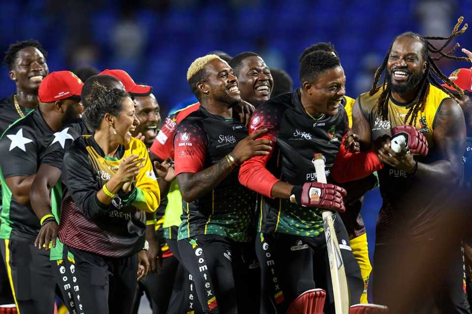 (From right) Chris Gayle, Sheldon Cottrell, Sherfane Rutherford and Fabian Allen celebrate Patriots' win over Royals, Barbados Royals vs St Kitts and Nevis Patriots, CPL 2021, Basseterre, September 2, 2021