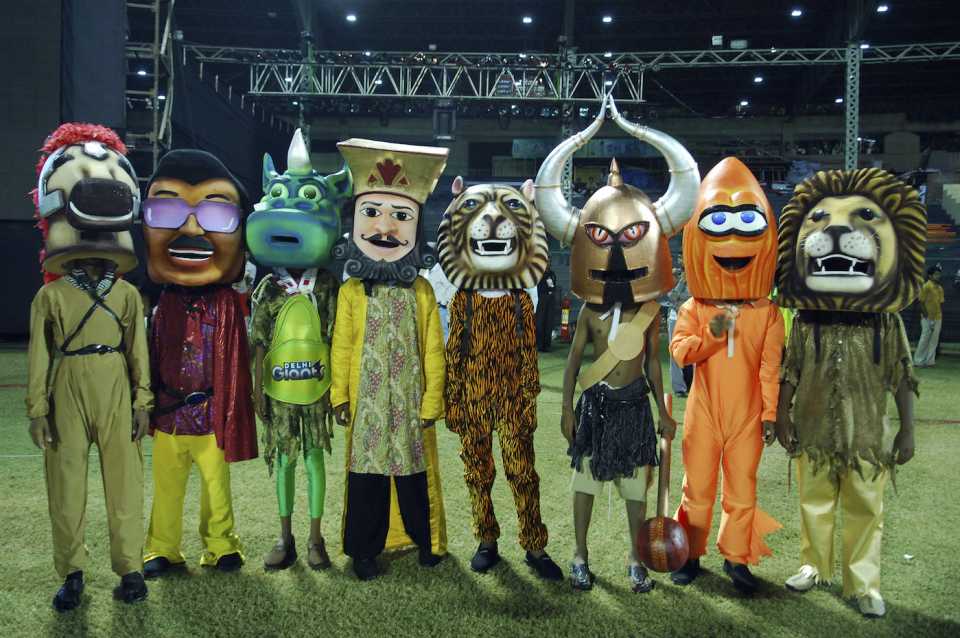 Mascots of the nine participating teams look on during the opening ceremony of the Indian Cricket League,