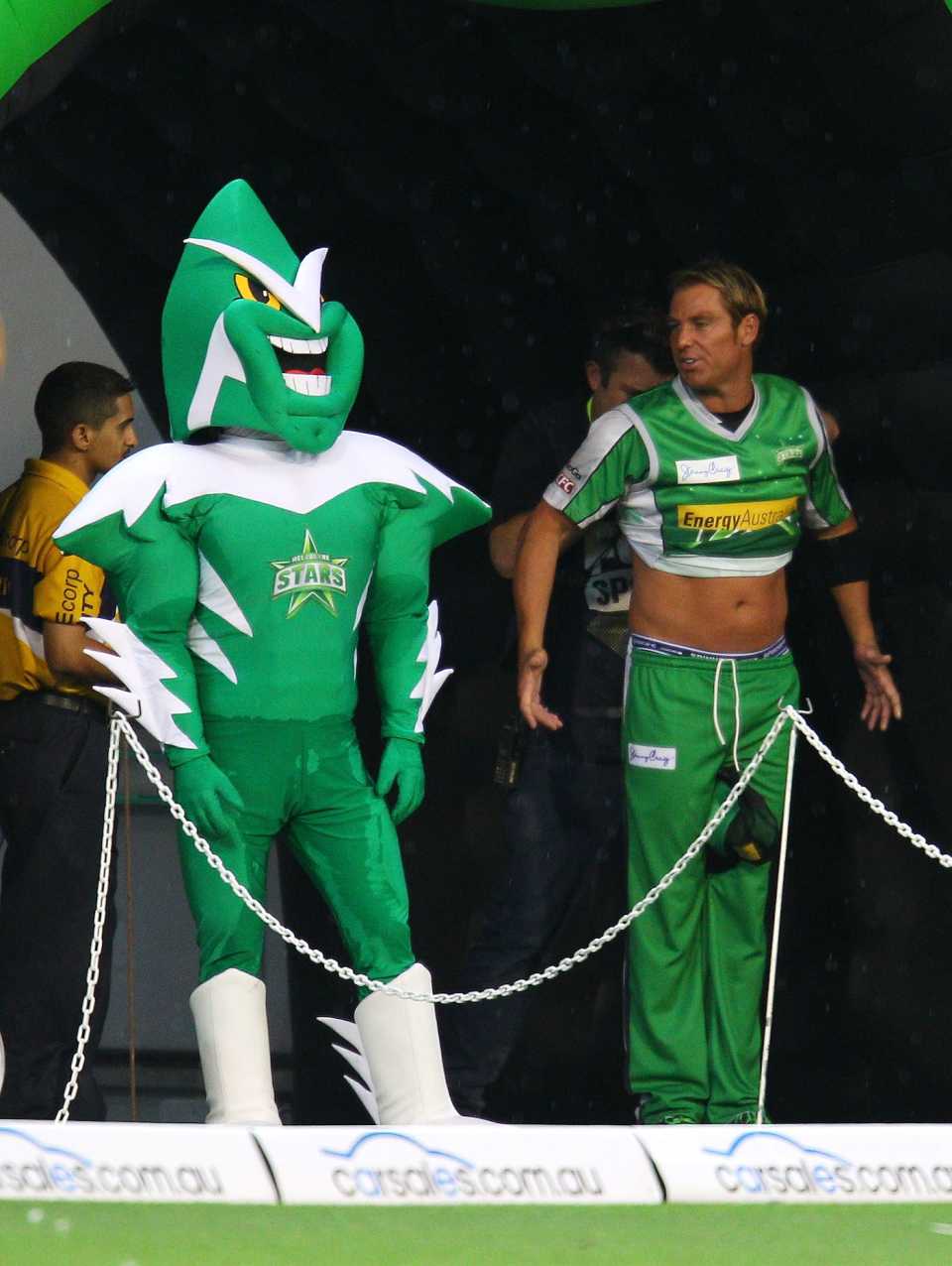 Shane Warne is miked up for television next to the Stars mascot, Melbourne Stars vs Melbourne Renegades, Big Bash League 2012, Melbourne Cricket Ground, January 7, 2012