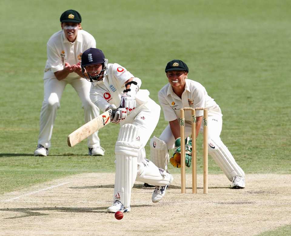 Arran Brindle plays a shot to the leg side, Australia vs England, 1st women's Test, Brisbane, 2nd day, February 16, 2003