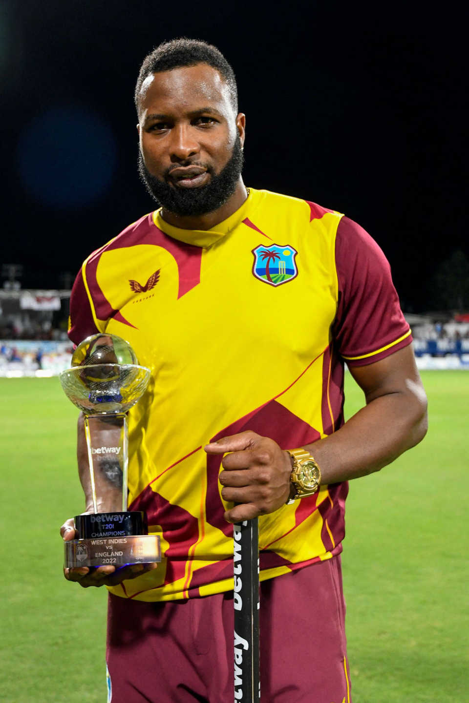 Kieron Pollard poses with the series trophy, West Indies vs England, 5th T20I, Kensington Oval, Barbados, January 30, 2022