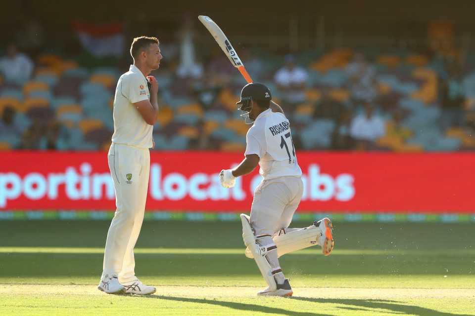 Rishabh Pant celebrates victory while Josh Hazlewood looks on dejectedly, fifth day, fourth Test, Australia vs India, Brisbane, January 19, 2021