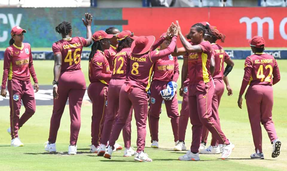 The West Indies Women players celebrate a wicket, South Africa Women vs West Indies Women, 2nd ODI, Johannesburg, January 31, 2022