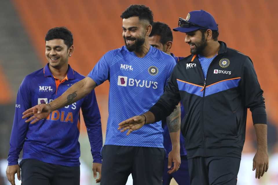 Ishan Kishan, Virat Kohli and Rohit Sharma share a light moment after the game, India vs West Indies, 1st ODI, Ahmedabad, February 6, 2022
