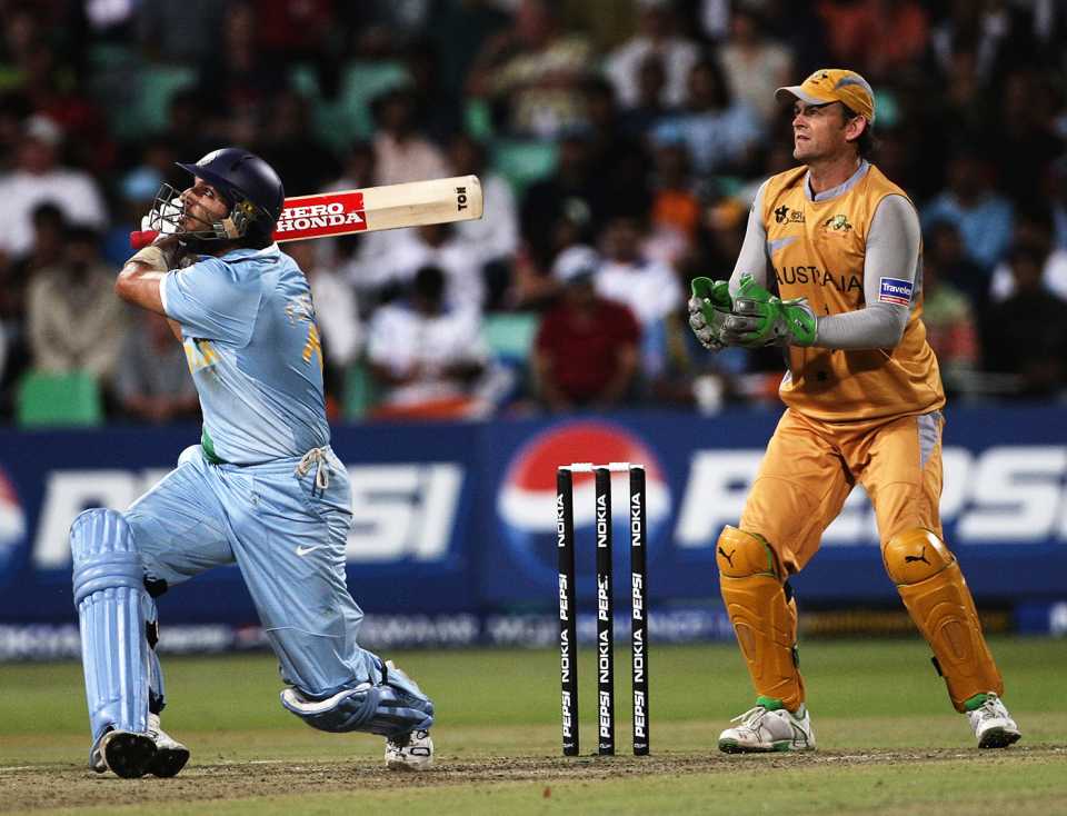 Yuvraj Singh launches into one of his five sixes, Australia v India, 2nd semi-final, ICC World Twenty20, Durban, September 22, 2007