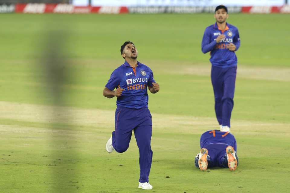 Shardul Thakur looks skywards after picking up a wicket, India vs West Indies, 2nd ODI, Ahmedabad, February 9, 2022