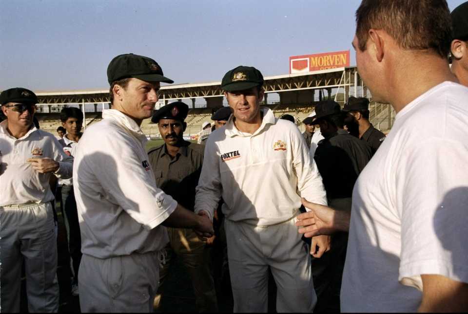 Steve Waugh and Mark Taylor celebrate the series win, Pakistan v Australia, third Test, Karachi, day five, October 26, 1998

