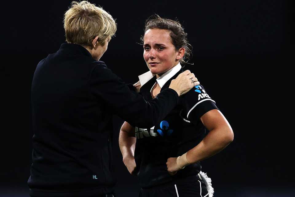 Amelia Kerr is checked after being hit on the face with the ball