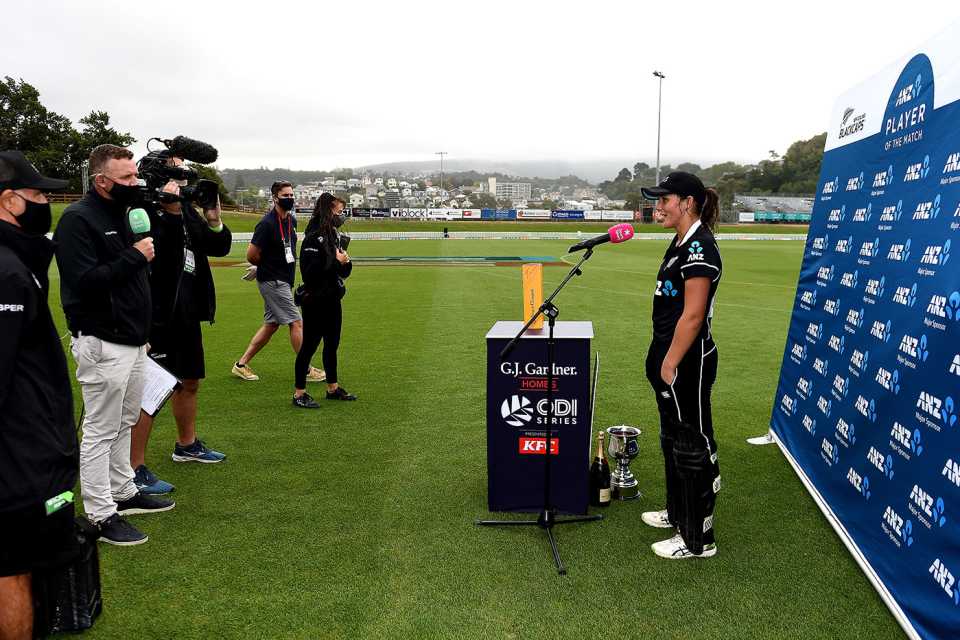 Amelia Kerr is interviewed after the game, New Zealand vs England, 3rd women's ODI, Dunedin, February 28, 2021
