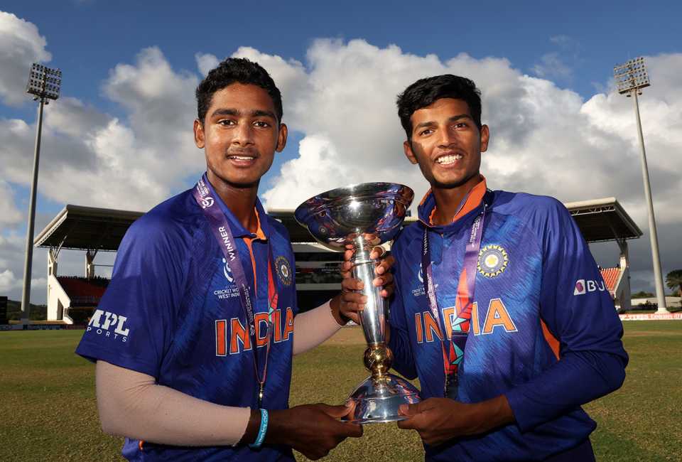 Shaik Rasheed and Yash Dhull hold the Under-19 World Cup trophy