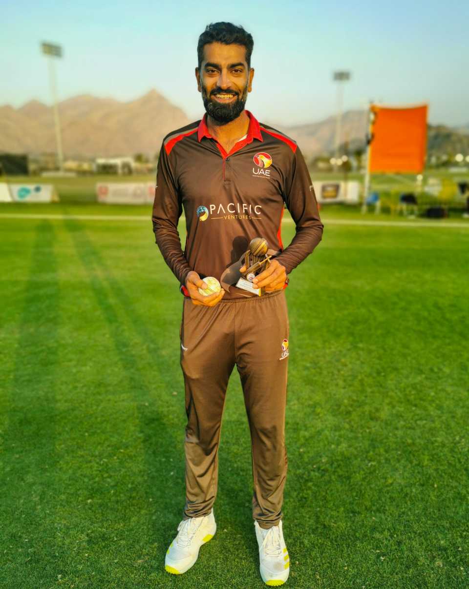 Ahmed Raza took Player of the Match honours after a T20I career-best 5 for 19, Nepal v United Arab Emirates, ICC Men's T20 World Cup Qualifier A Semi-final, Al Amerat, February 22, 2022