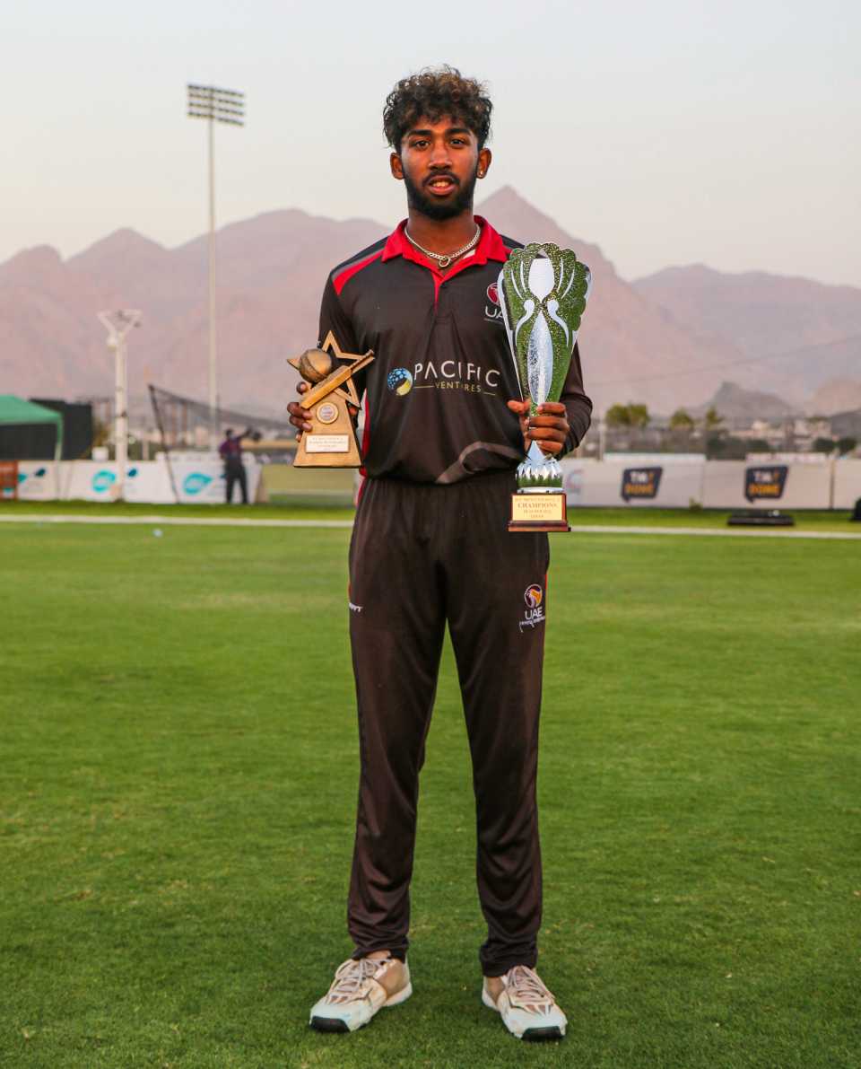 19-year-old UAE wicketkeeper Vriitya Aravind was named Player of the Tournament, Ireland v United Arab Emirates, ICC Men's T20 World Cup Qualifier A, Final, Al Amerat, February 24, 2022