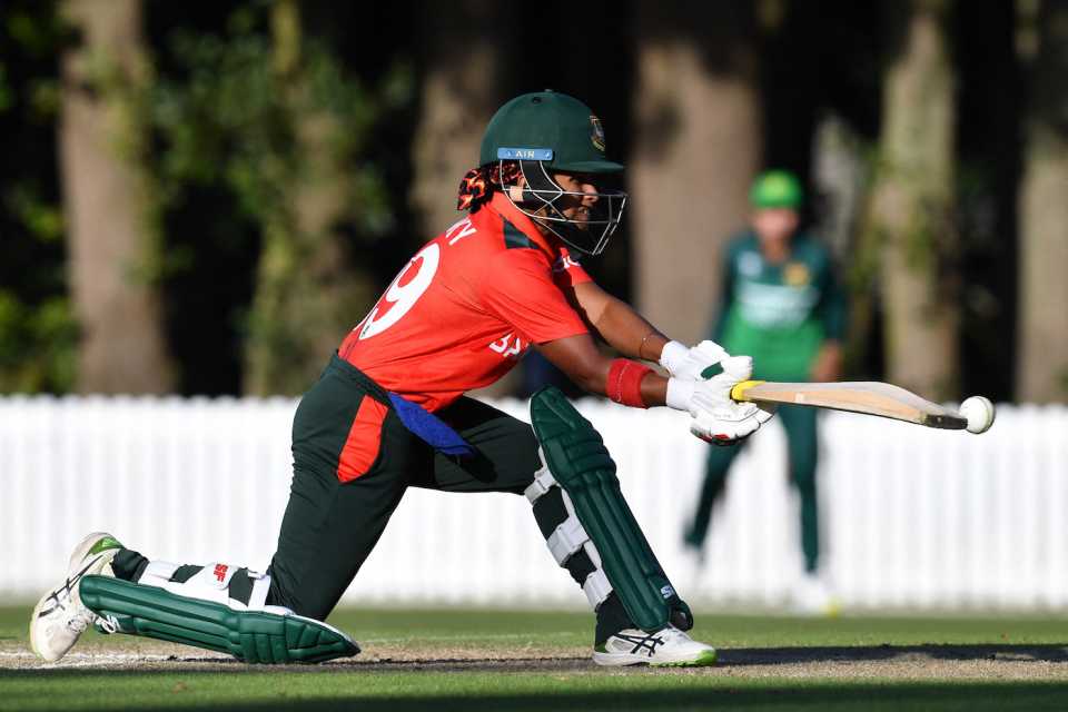 Fargana Hoque plays a sweep during her 95-ball 71, Pakistan vs Bangladesh, Women's World Cup Warm-up, Lincoln, March 2, 2022