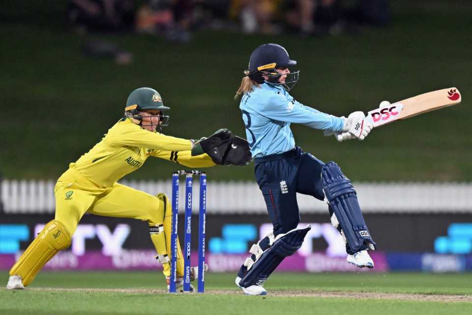 Danni Wyatt pulls through the leg side, Australia v England, Women's World Cup, March 5, 2022